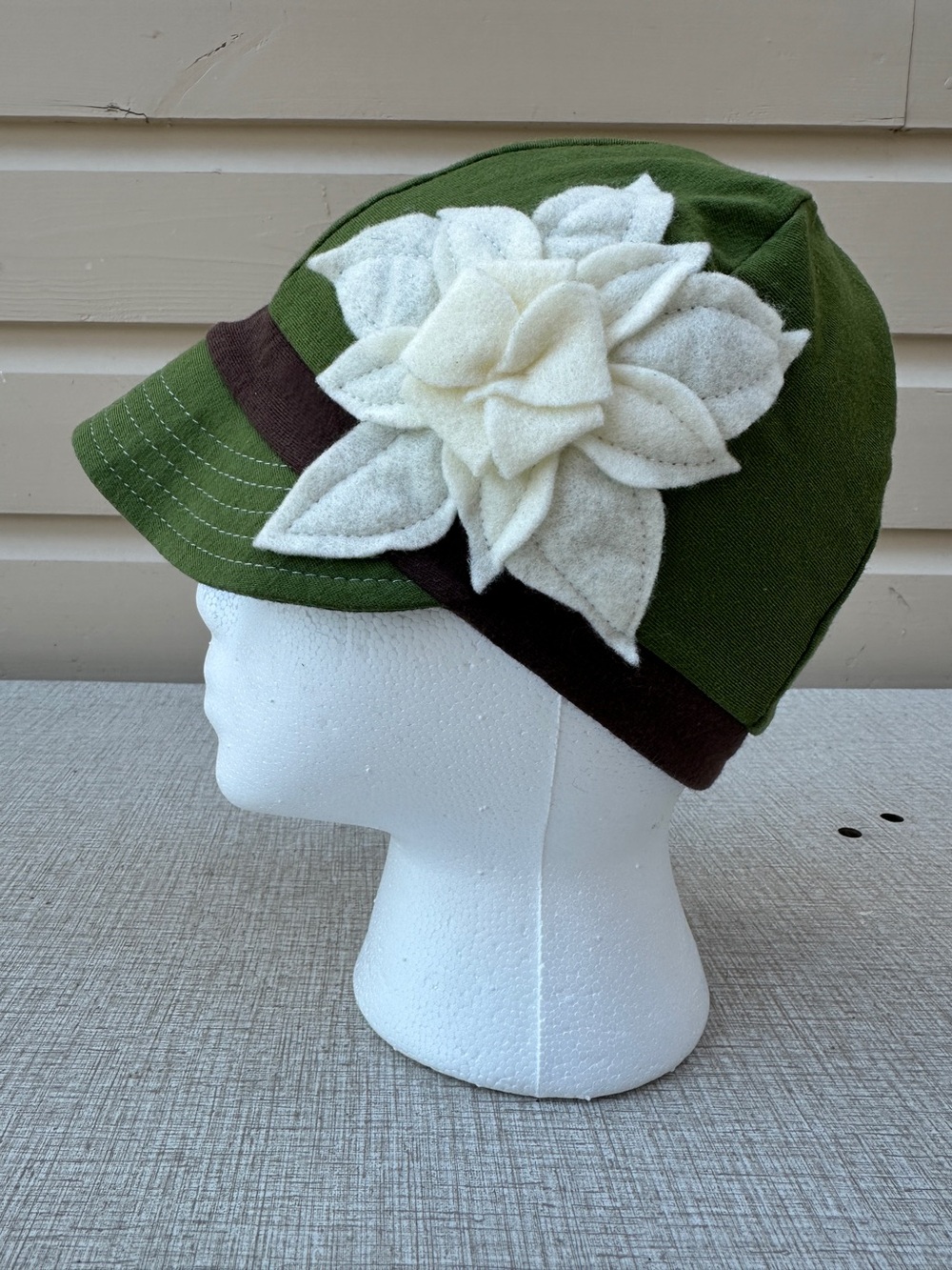 Olive Green cotton blend Floral Accent stretch cap Hat with Flower